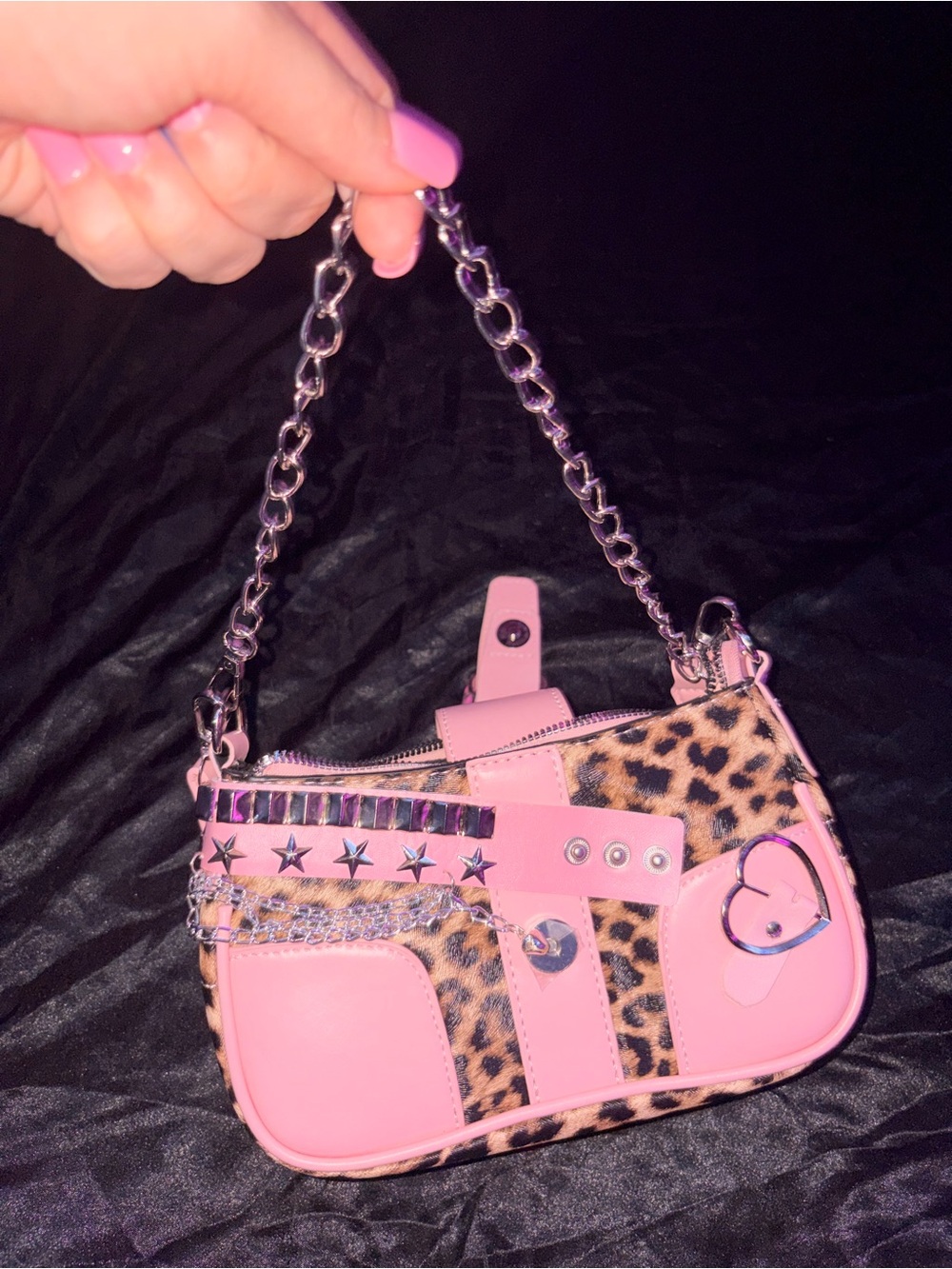 Pink Leopard Print Women's Chain Shoulder Bag